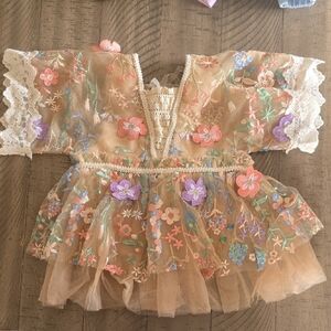 Girls Floral Embroidered Tulle Costume Dress - Cream